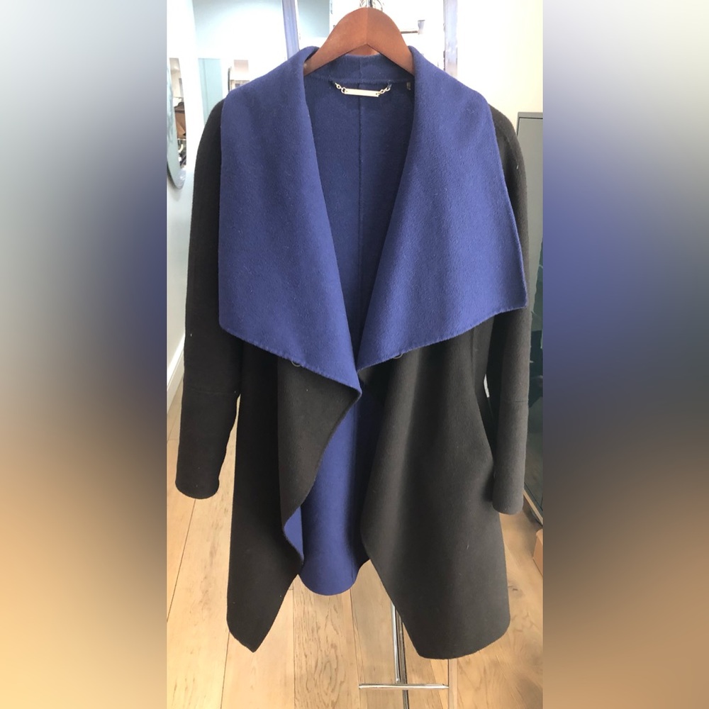 DIANE VON FURSTENBERG Women’s Blue / Black Jenna Belted Reversible Wool Coat (S) - Picture 1 of 6